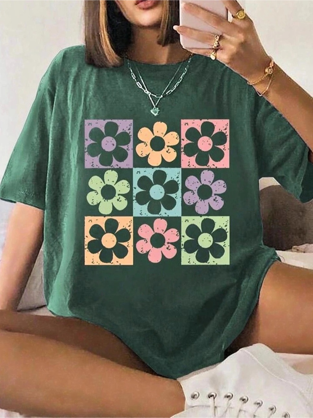 SHEIN Checkerboard & Flower Printed Round Neck Short Sleeve T-Shirt Short Sleeve